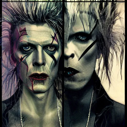 Image similar to stunning portrait of gaunt david bowie a ( the cure fan ) as dream from sandman, dim stars as eyes, by jeremy mann, by cedric peyravernay, by by russ mills, by richard avedon and ben templesmith, dramatic lightning, sadness, dark eye sockets, in the shadows, punk rock, gothic, high detailed, 8 k