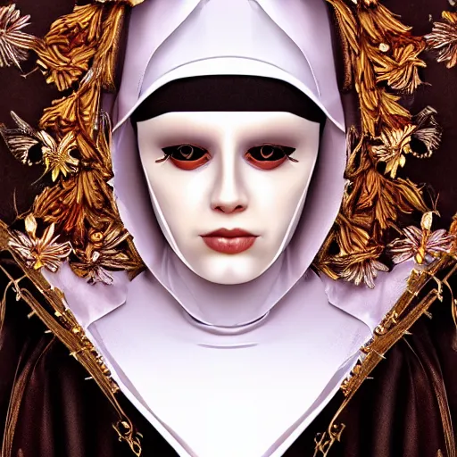 Image similar to beautiful female character inspired by venice carnival and nun | | digital artwork made by greg rutswork and lois van barlee, symmetrical, anatomically correct