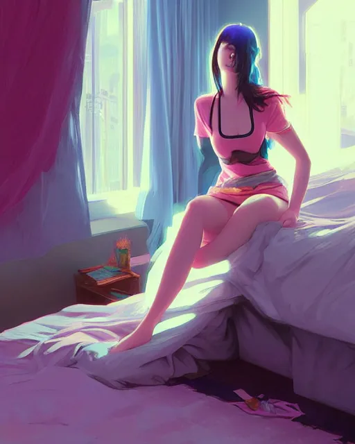 Prompt: emily rajtkowski, emo, posing, vaporwave colors, modern bedroom!!!!!, highly detailed, digital painting, artstation, concept art, smooth, sharp focus, illustration, art by artgerm and greg rutkowski and alphonse mucha