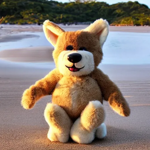 Image similar to an adorable fierce furry chubby monster with long floppy rabbit ears teddy bear body and wolf legs, Smiling at the camera with a mischievous grin, happy lighting, at a tropical beach