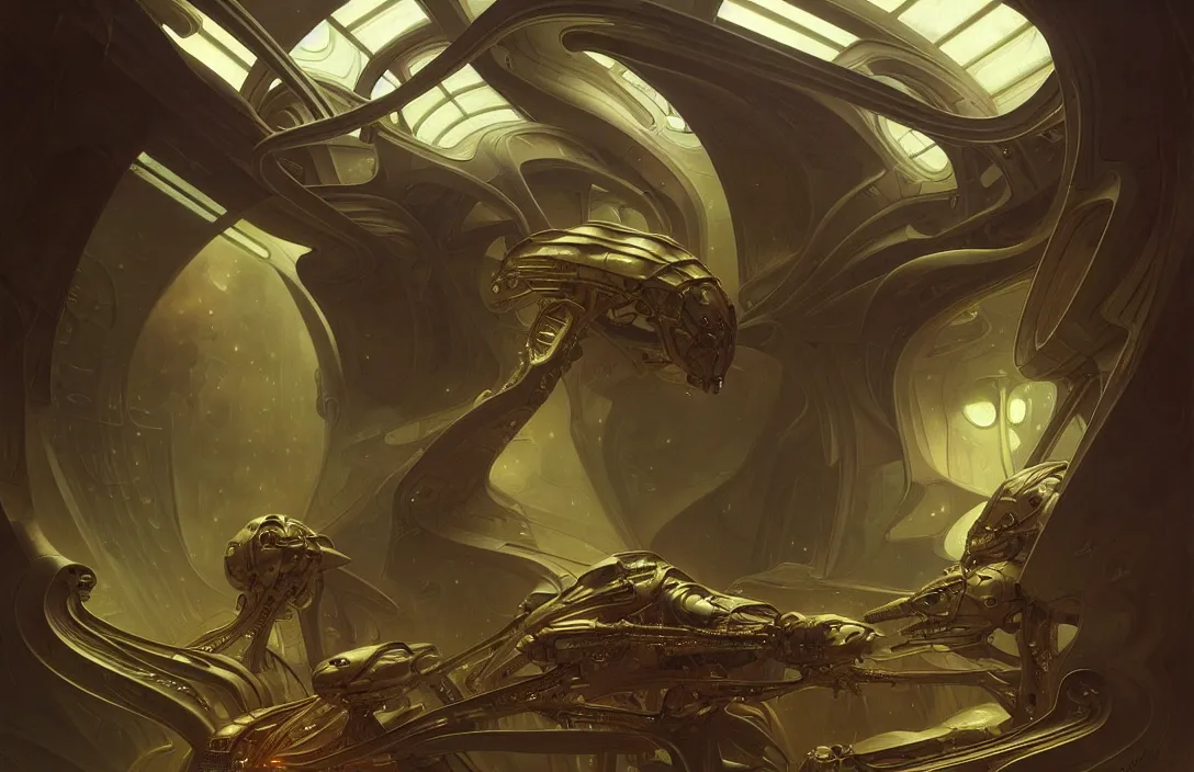 Image similar to interior of an evil alien insectoid spaceship, heroic lighting, sci-fi, intricate, elegant, highly detailed, lifelike, photorealistic, digital painting, artstation, illustration, concept art, smooth, sharp focus, art by John Collier and Albert Aublet and Krenz Cushart and Artem Demura and Alphonse Mucha