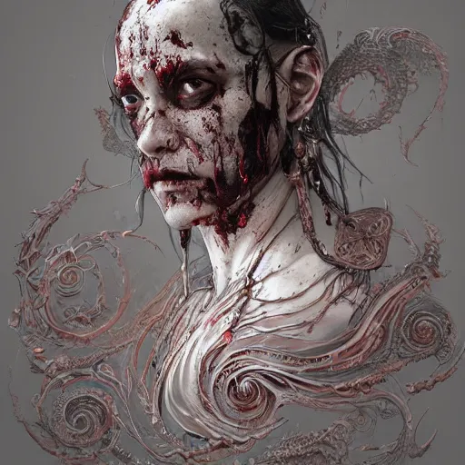 Prompt: whirling ornate intricate portrait of a bloodied filigreed butcher, rippling, warping, ultra realistic, concept art, intricate details, eerie, highly detailed, photorealistic, octane render, 8 k, unreal engine. art by artgerm and greg rutkowski and alphonse mucha