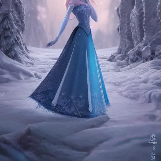 Image similar to elsa from frozen full body, snow background, hyper realistic, hyper detailed, digital art, trending in artstation, cinematic lighting, studio quality, smooth render, unreal engine 5 rendered, octane rendered, art style by klimt and nixeu and ian sprigger and wlop and krenz cushart