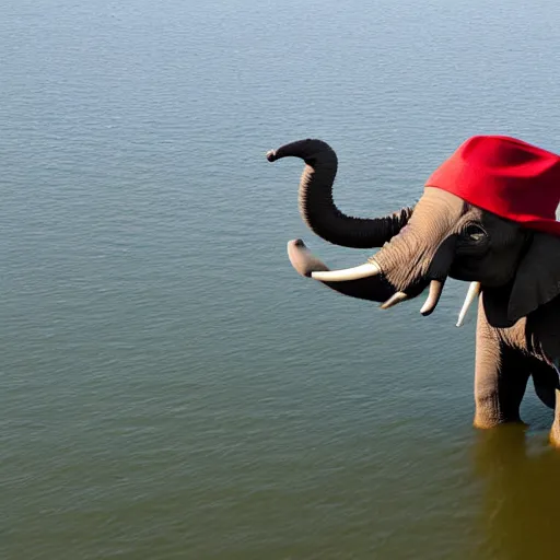 Image similar to an elephant standing on a boat wearing a fisher's hat.