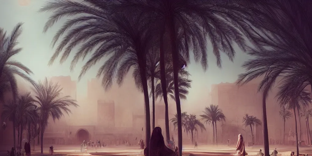 Image similar to sandstorm in marrakech, palm trees, moroccan mosque, wlop, james jean, tom bagshaw, rococo, trending on artstation, fantasy, intricate, elegant, highly detailed, digital painting, concept art, smooth, illustration, cinematic lighting, hyper realism, octane render, 8 k, hyper detailed.