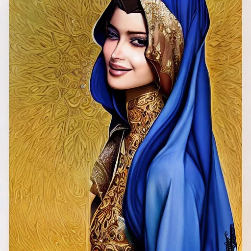 Image similar to a beautiful arabian woman wearing a kaftan by karol bak, ayami kojima, artgerm, arabian beauty, blue eyes, smile, concept art, fantasy