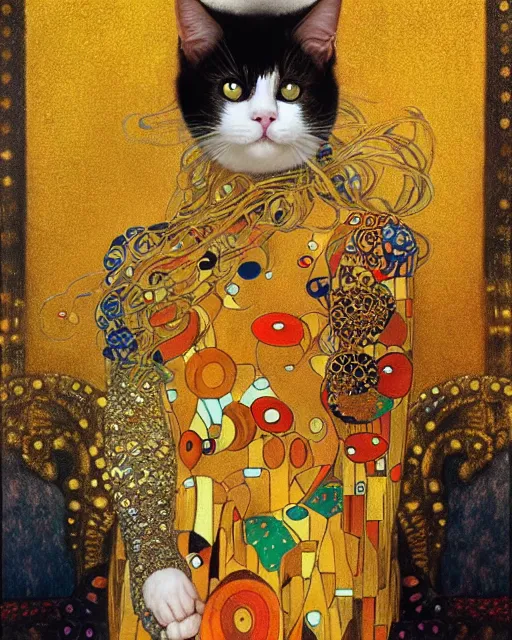 Image similar to magician cat portrait an oil painting splashes with many colors and shapes by gustav klimt greg rutkowski and alphonse mucha, polycount, generative art, psychedelic, fractalism, glitch art