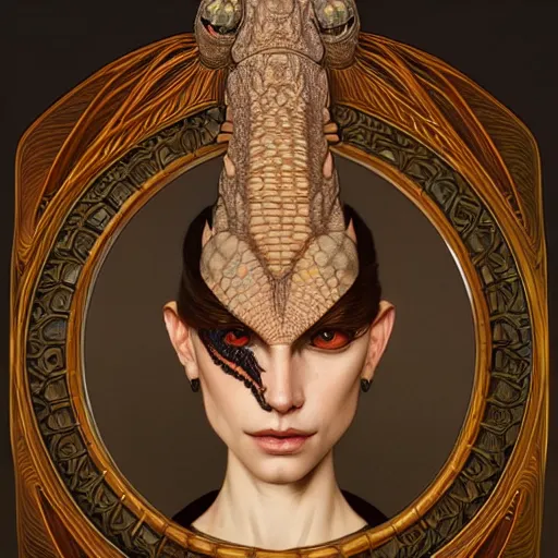 Image similar to a portrait of a lizard anthropomorphic shaman, upper half portrait, symmetry, intricate, elegant, highly detailed, symmetry, headpiece, digital painting, artstation concept art smooth sharp focus, illustration, art by artgerm and greg rutkowski alphonse mucha 8 k