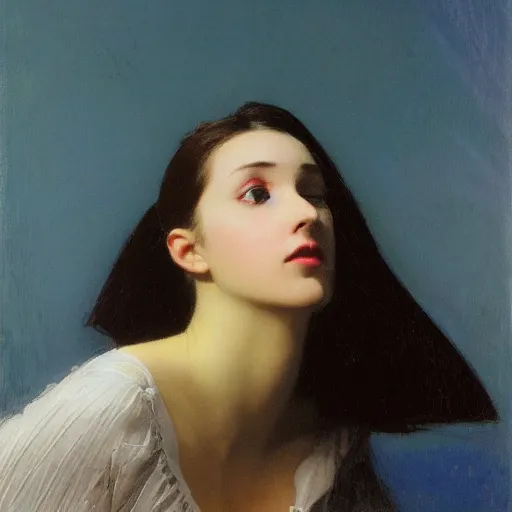 Prompt: a young woman's face, her hair is silver and she wears a cobalt blue satin cloak, by ivan aivazovsky and syd mead and moebius and gaston bussiere and roger dean and pieter claesz and paul delaroche and alma tadema and aelbert cuyp and willem claesz, hyperrealistic, volumetric light, octane render