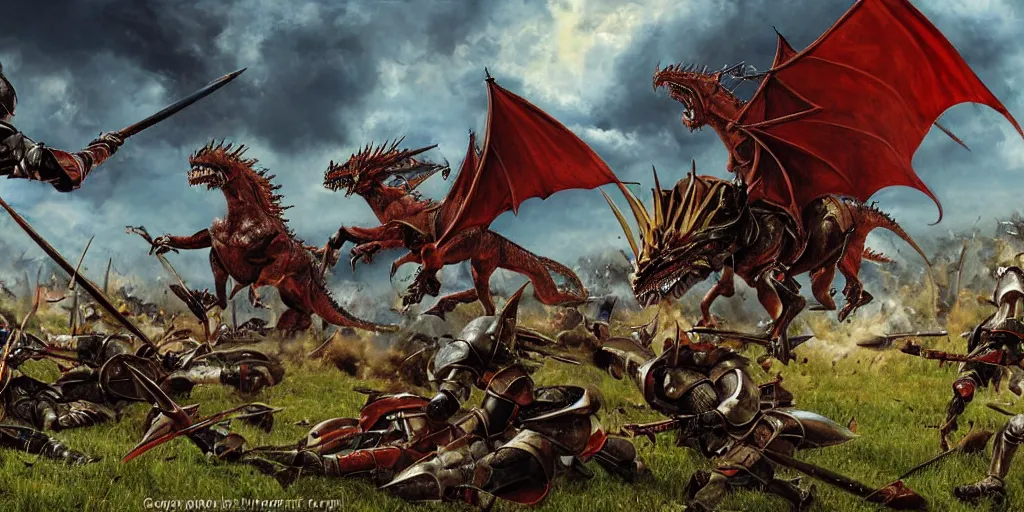 Image similar to detailed digital painting of a battle scene, mounted knights fighting against a dragon from the computer game master of magic ( 1 9 9 4 ), cinematic shot, very detailed, unreal engine, hyper realism, realistic shading, cinematic composition, blender render, octane render, hdr, detailed textures, photorealistic, very wide shot, 1 6 mm lens