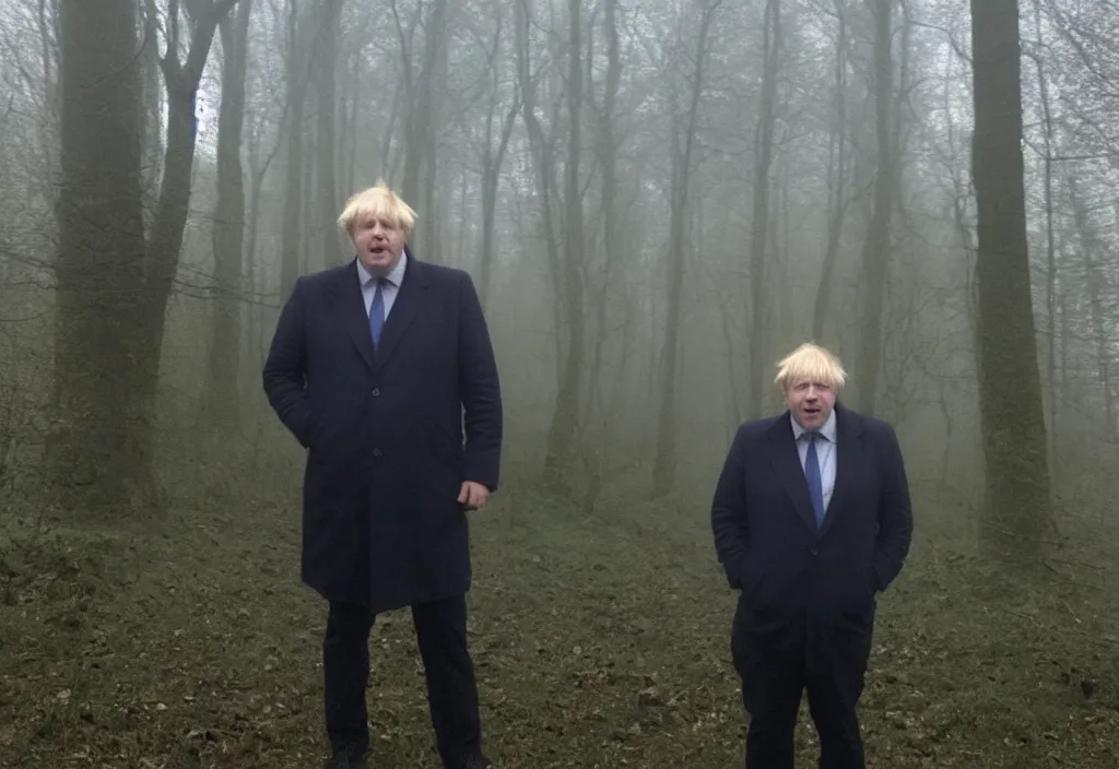 Image similar to low quality iphone photo of boris johnson standing ominously deep in the foggy woods with a demonic smile in his face, low visibility creepy, grainy, trail cam footage