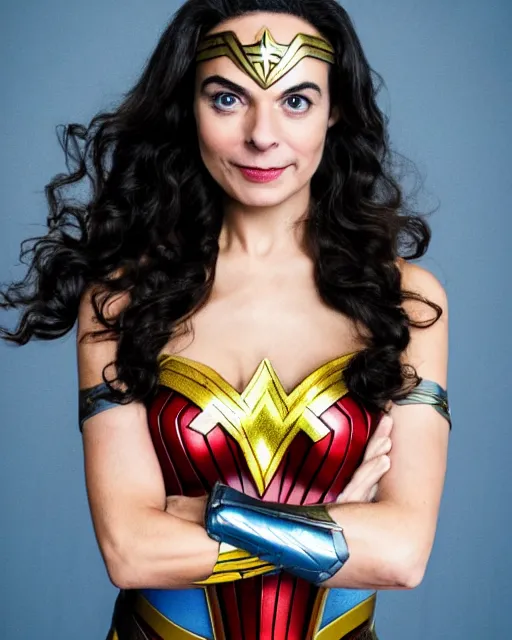 Image similar to A studio photo of Rowan Atkinson as Wonder Woman, bokeh, 90mm, f/1.4 Shot in the Style of Mario Testino