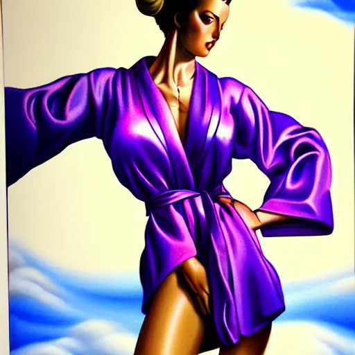 Image similar to woman wearing a light purple silk robe, blue sky, art by peter lloyd, art by peter palombi 1 9 8 0, airbrush style, art by hajime sorayama,, intricate, elegant, sharp focus, illustration, highly detailed, concept art, matte, sharp focus, illustration, highly detailed, concept art, h 6 4 0