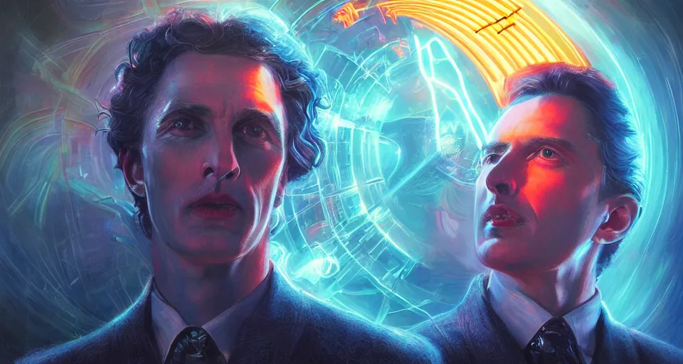 Prompt: nikolai tesla is caressed by bolts of electricity, digital art, intricate, dramatic lighting, neon colors, cinematic, holographic runes, art by tom bagshaw, artgerm, rutkowski