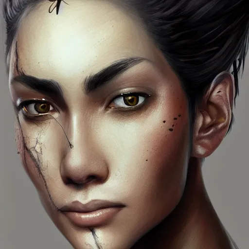 Image similar to beautiful, very strong, mixed race, female, middle aged, face, no makeup, warrior, head shot, fantasy, highly detailed, digital painting, artstation, concept art, smooth, sharp focus, illustration, art by jodie muir and brom