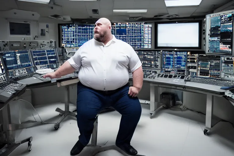 Image similar to heavyset bald man wearing a white shortsleeved shirt and blue jeans working in a nuclear silo control room by Emmanuel Lubezki