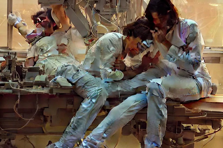 Image similar to Sensual good looking pale young Indian doctors wearing jeans asleep in a space station above Earth performing surgery, portrait, elegant, intricate, digital painting, artstation, concept art, smooth, sharp focus, illustration, art by artgerm and greg rutkowski and alphonse mucha