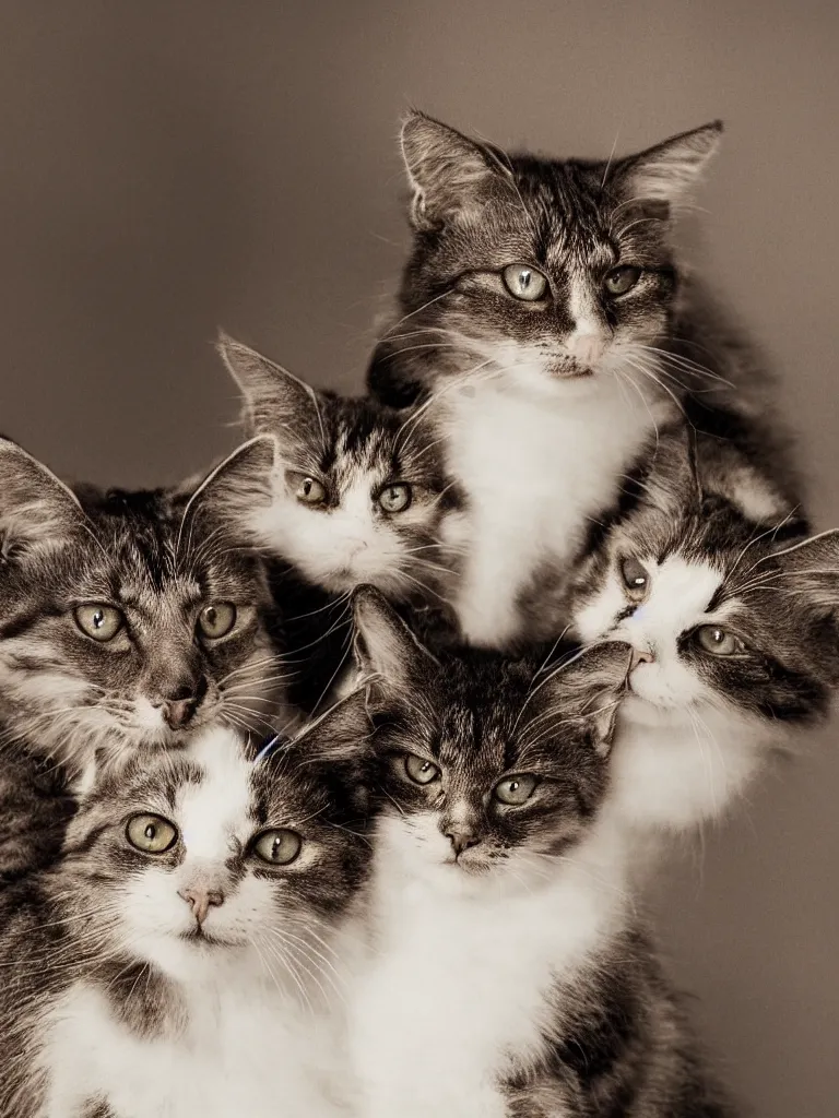 Prompt: A typical Russian family of cats photoportrait, 50 mm lens photo portrait, intricate, cinematic lightning, studio light, studio quality, award winning, Vogue Journal Cover