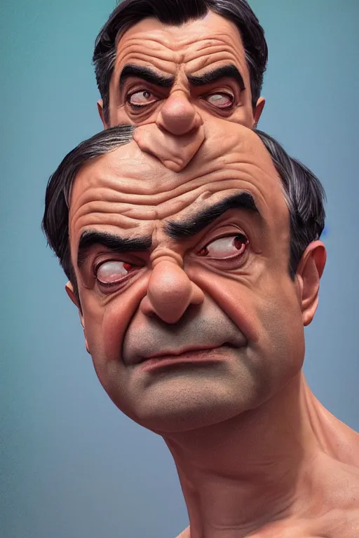 Image similar to upper body portrait of a hulking herculean chiseled mr bean rowan atkinson, cinematic lighting, photorealistic, octane render, 8 k, depth of field, 3 d, art by artgerm and greg rutkowski and alphonse mucha and uang guangjian and gil elvgren and sachin ten