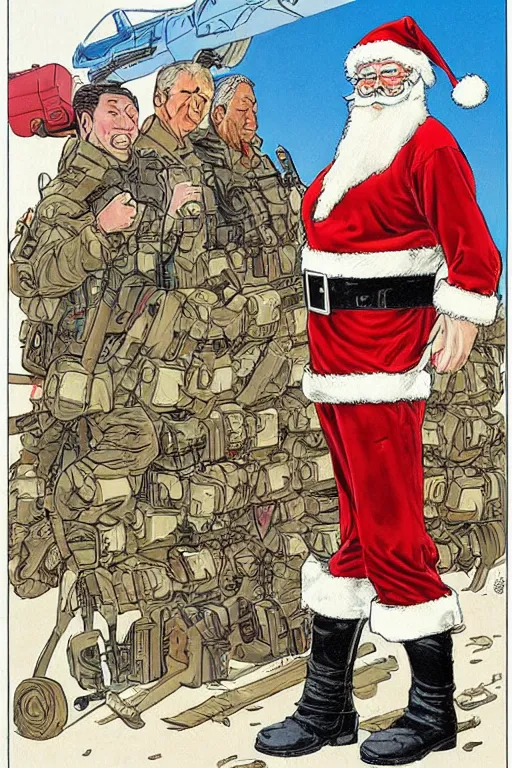 Image similar to concept of Santa Claus holding a M61 Vulcan and wearing an army harness vest full of pouches, by Geof Darrow and Simon Bisley, detailed, full body