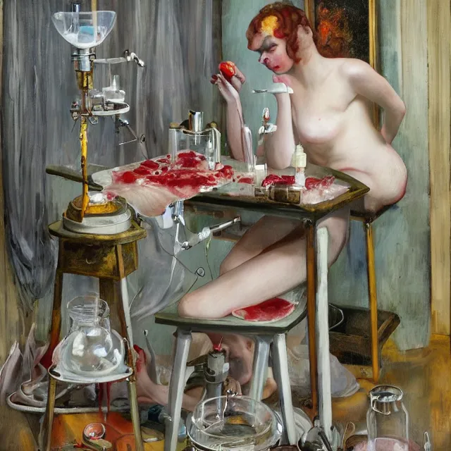 Prompt: sensual, scientific equipment, a female art student on her lounge, raw meat, berry juice drips, pancakes, spilt cup of coffee, honey, painting of a woman, berries, white flowers in scientific glassware, art supplies, white candles dripping wax, neo - impressionist surrealism, acrylic and spray paint and oilstick on canvas