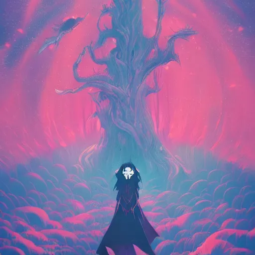 Image similar to Vampire traveling through a beautiful psychedelic world, illustrated by Anato Finnstark and Hayao Miyazaki, trending on artstation