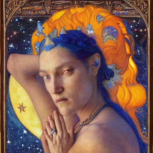 Image similar to queen of the moon with stars in her hair, by annie swynnerton and tino rodriguez and donato giancola and nicholas roerich and jean delville and diego rivera, dramatic lighting, god rays, geometric tattoos, rich colors, smooth sharp focus, extremely detailed, adolf wolfli