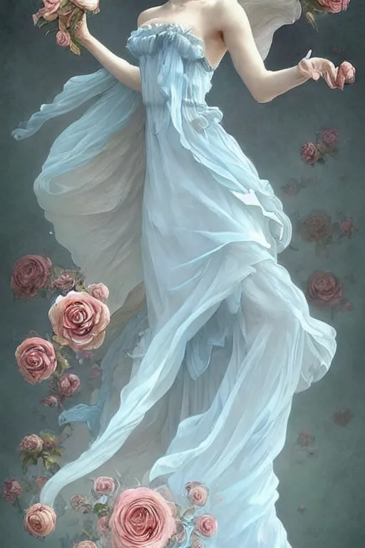 Image similar to beautiful!!! woman dressed in a vaporous wrapped large victorian pale blue roses silk semi-transparent dress fashion is running, fantasy, intricate, elegant, highly detailed, digital painting, trending on artstation, concept art, matte, sharp focus, illustration, art by Artgerm and Greg Rutkowski and Alphonse Mucha, instagram model