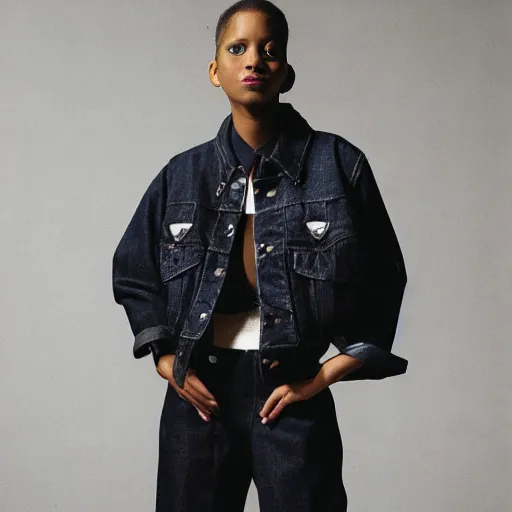 Image similar to realistic photoshooting for a new sacai emil lookbook color film photography portrait of a beautiful woman model, model wears a black paneled denim jacket, photo in style of tyler mitchell