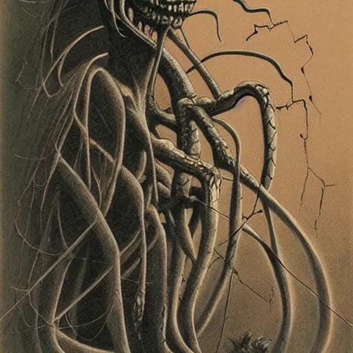 Prompt: grunge drawing of a spider and snake by - Zdzisław Beksiński , corpse bride style, horror themed, detailed, elegant, intricate