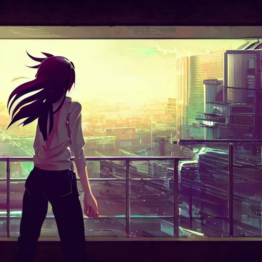 Prompt: android mechanical cyborg anime girl overlooking overcrowded urban dystopia. long flowing hair. gigantic future city. pitch black night. raining. makoto shinkai. wide angle. distant shot. dark and dreary.