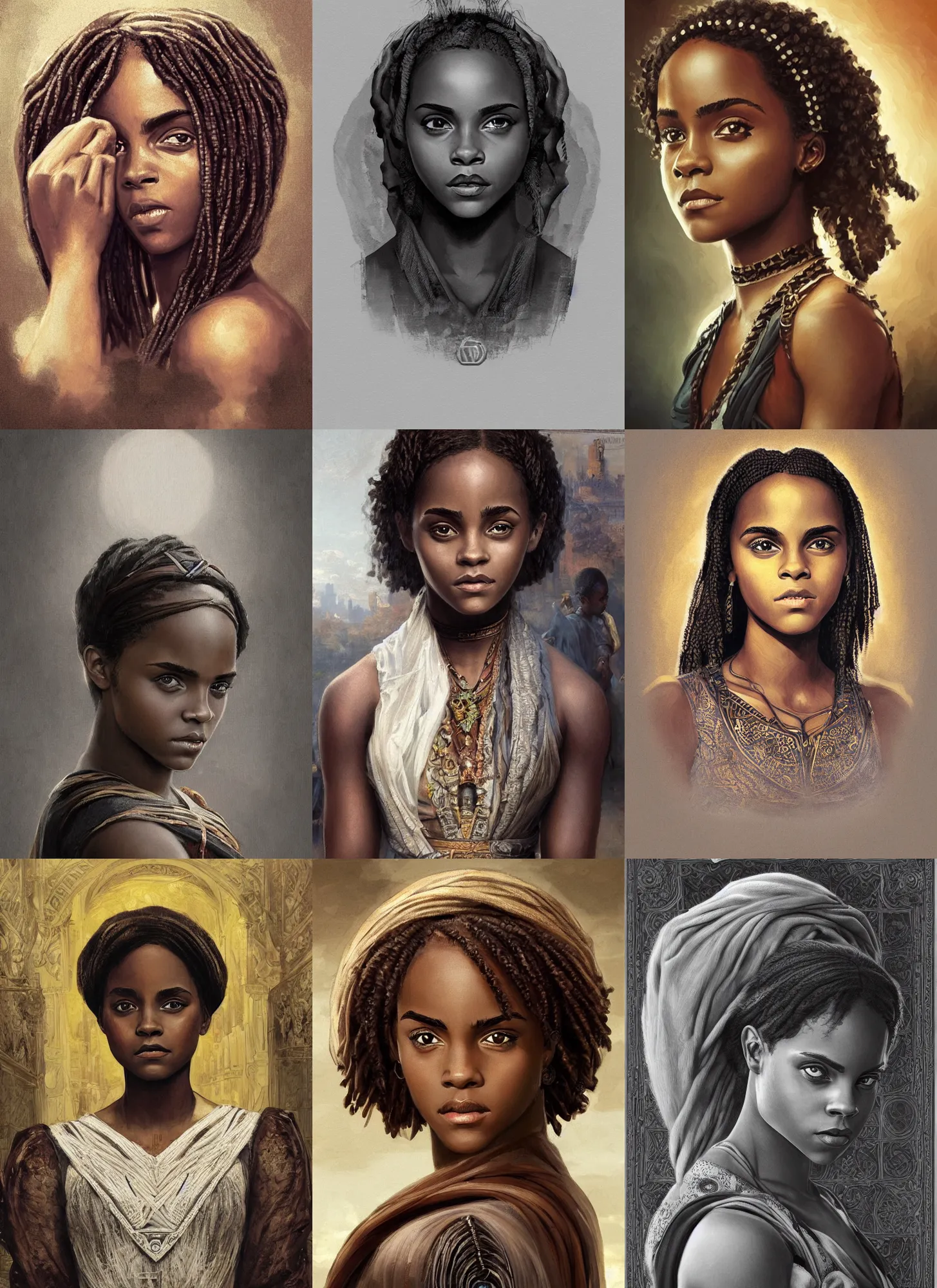 Prompt: black african emma watson and annasophia robb, symmetrical portrait, intricate, highly detailed, sharp focus, artstation, digital painting, illustration, orientalism, rutkowski, bouguereau