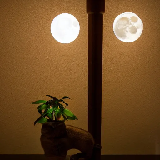 Image similar to 'a cat with two wings flying the sky with the moon. lighting, three plants by Lin Xiao