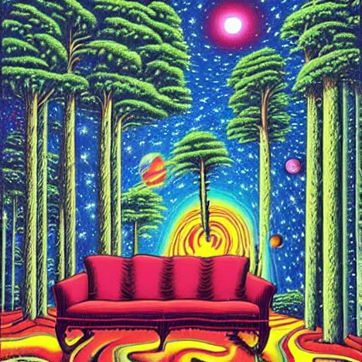 Prompt: psychedelic trippy couch pine forest, planets, milky way, sofa, cartoon by rob gonsalves