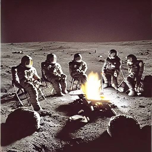 Prompt: a group of astronauts sit around a campfire on the moon, polaroid, vintage photo, realistic,