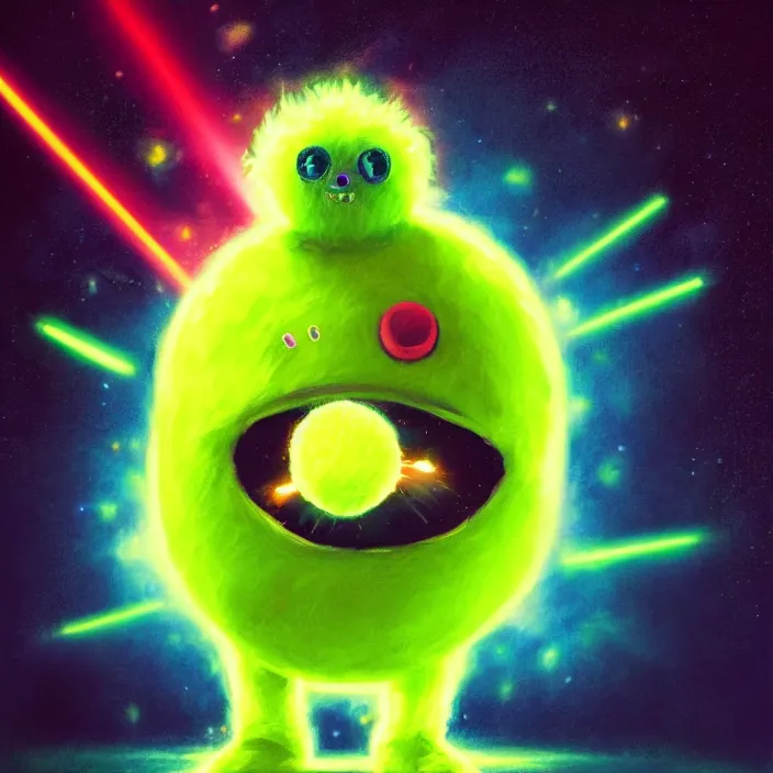 Image similar to cinematic portrait of a cute tennis ball monster in space, neon lasers, chalk, masterpiece, trending on artstation, featured on pixiv, cinematic composition, dramatic pose, beautiful lighting, sharp details, hyper - detailed, hd, hdr, 4 k, 8 k, art by basil gogos