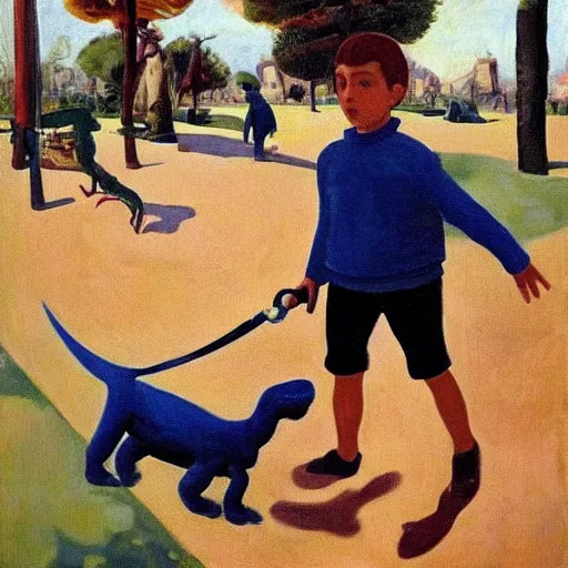 Image similar to a kid at the park walking a dinosaur with a leash, renaissance oil painting by Yves Klein and Judson Huss and Natalia Goncharova, artstation