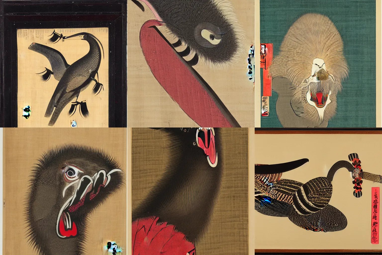 Prompt: a marabou with a long tongue, Edo period woodblock print, maximalism, hyperrealism