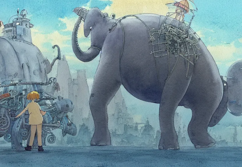 Image similar to a hyperrealist watercolor concept art from a studio ghibli film showing a giant grey lovecraftian mechanized elephant from howl's moving castle ( 2 0 0 4 ). a hindu is under construction in the background, in india on a misty and starry night. by studio ghibli. very dull muted colors