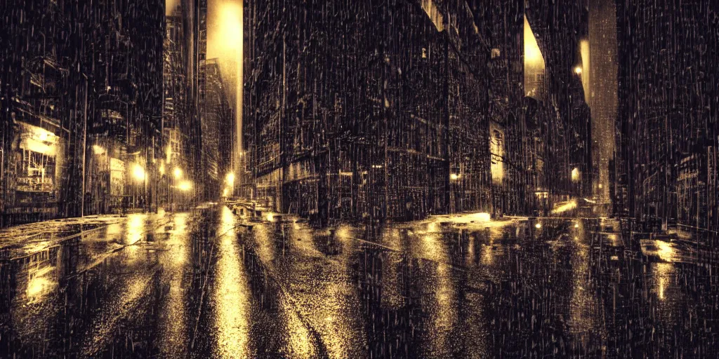 Prompt: a city street at night, raining, photograph, cyberpunk, sharp focus, intricate detail, Desolate, dystopian wasteland, drone shot,