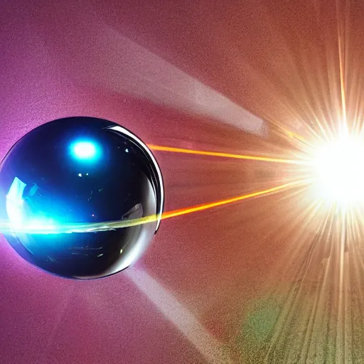 Prompt: chrome spheres on a red cube, lens flare