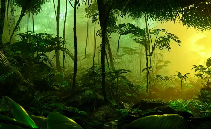 Prompt: a beautiful render of a prehistoric rainforest, lush flora, dark green, orange, intricate detail, sunset, hazy, volumetric lighting, 8 k, photorealistic, raytracing effects, unreal engine 5