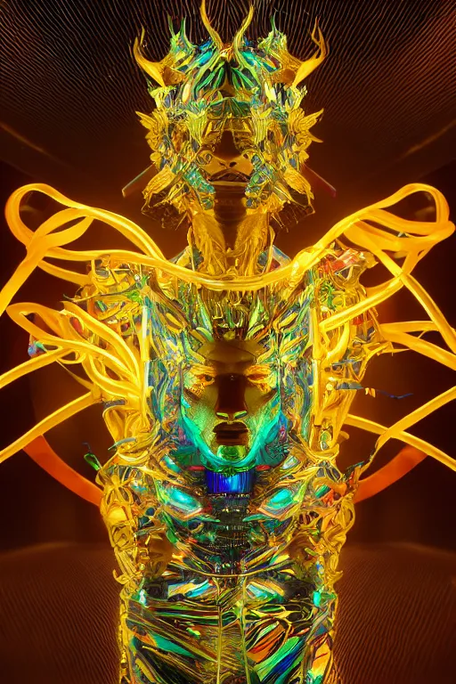 Prompt: hyper detailed ultra sharp portrait of baroque and bladerunner delicate neon sapphire sculpture of seductive onyx prince royce tigers rainbowiridescent humanoid deity wearing metallic hoody made out of leaves holding the sun prismatic dungeon, glowing rainbow face, crown of white diamonds, cinematic lighting, photorealistic, octane render 8 k depth of field 3 d