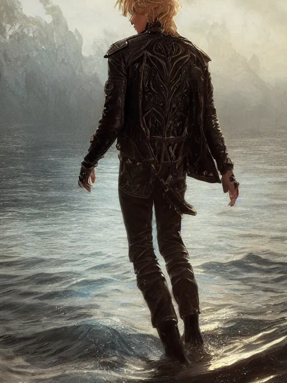 Prompt: a beautiful and detailed matte painting of a young blonde male teenage boy wearing a leather jacket walking on water, fantasy, d & d, dark eyeliner, intricate, elegant, highly detailed, digital painting, artstation, concept art, matte, sharp focus, illustration, art by greg rutkowski and alphonse mucha