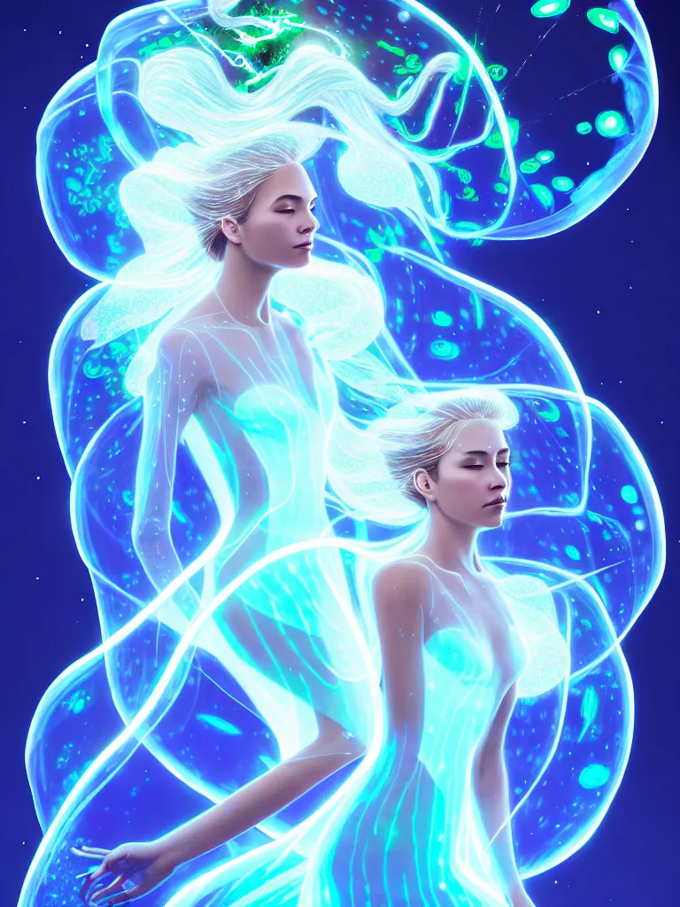 Prompt: front shot of female elemental surrounded by bioluminescent plankton, clear white dress, beautiful, radiant, glowing swirling hair, levitating, character, hyperdimensional, bioluminescent hypercubes, dark holography, spectral, chrome, intricate, elegant, highly detailed, centered, artstation, concept art, smooth, sharp focus, artgerm, Tomasz Alen Kopera, Peter Mohrbacher, donato giancola, Joseph Christian Leyendecker, WLOP, Boris Vallejo, mugshot, octane render, nvidia raytracing demo, 8K