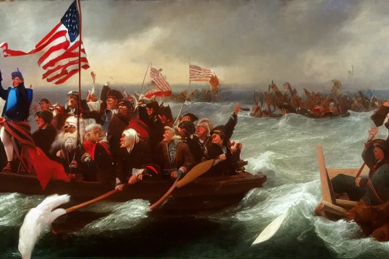 Image similar to Donald Trump crossing the delaware there is an arbys sign in the background by Emanuel Leutze