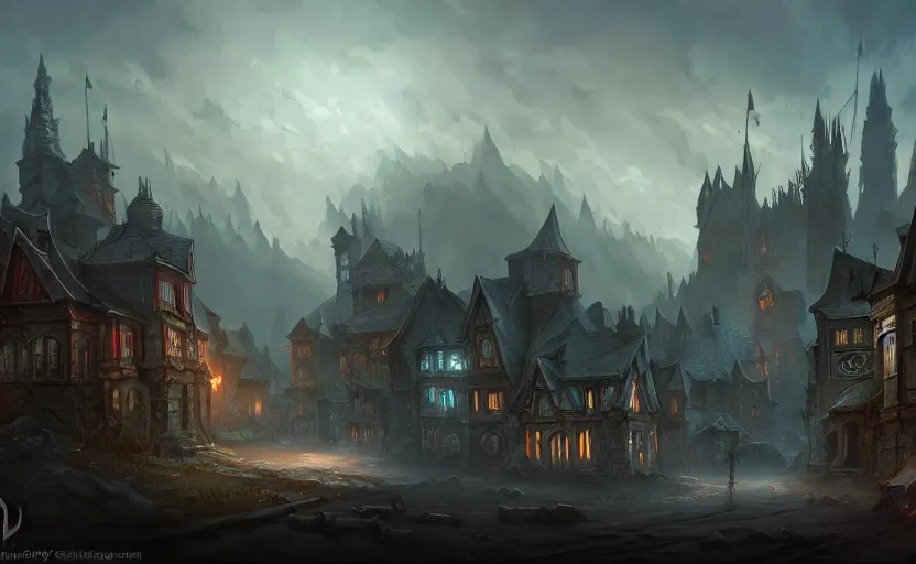 Prompt: extreme long shot concept art depicted old english majestic town, dramatic mood, overcast mood, dark fantasy environment, art by legends of runeterra and league of legends and arcane, art by tony sart, trending on artstation, unreal engine