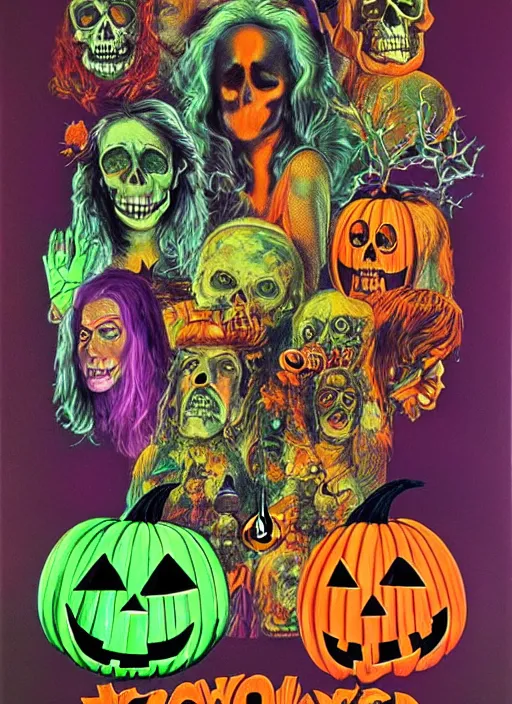 Prompt: Halloween (1978), Psychedelic velvet black light poster, Wes Wilson, Bonnie Maclean, Greg Irons, highly detailed