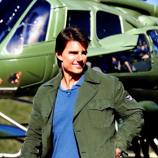 Image similar to Tom Cruise waving to fans. He's wearing bluejeans and a green jacket, Ralph Lauren. A helicopter is in the background. Shallow depth of field