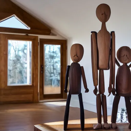 Image similar to a real estate home interior photo. a wooden mannequin family,